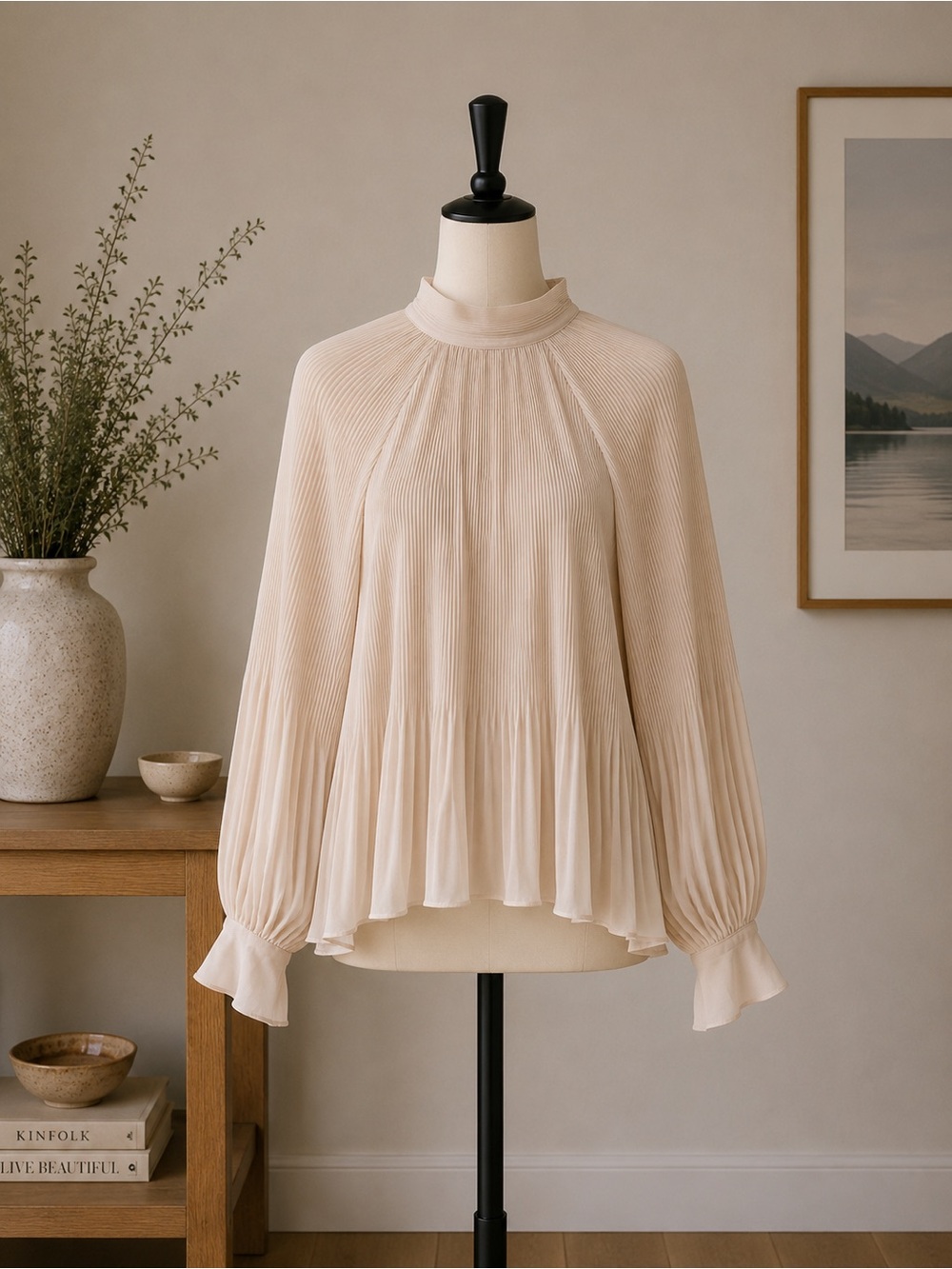 Banana Republic New Pinot Noir Pleated High Neck Balloon Sleeve Blouse L
